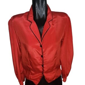Vintage 80's Red Button Up Blouse With Collar And Black Trim M